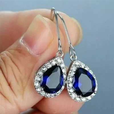 2Ct Pear Lab-Created Sapphire Diamond DropDangle Earrings 14K White Gold Plated - Image 1 of 4