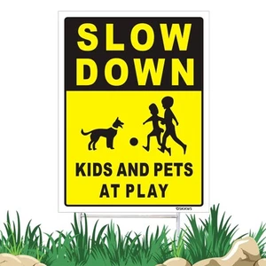 Slow Down Kids and Pets at Play Yard Sign, 12" x 9" Yard Sign with Metal H St... - Picture 1 of 8