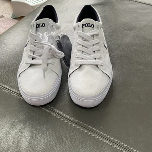 New Ralph Lauren Trainers Mens UK 8 White With Navy Blue Canvas Polo RL Shoes - Picture 1 of 5