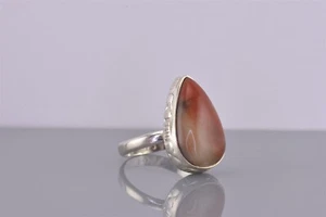 Sterling Silver Carved Bezel Brown Agate Teardrop Pear Band Ring 925 Sz: 8 - Picture 1 of 8
