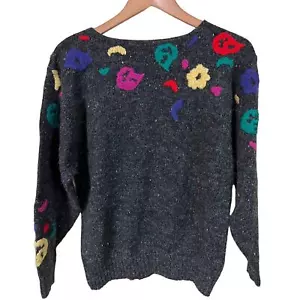 Maglione vintage donna lana media ricamo floreale anni 90 Y2K grigio preppy spargo - Foto 1 di 10