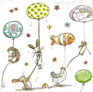 Q057# 3 x serviettes en papier simple pour découpage drôle souris poule lièvre avec ballons - Photo 1 sur 9