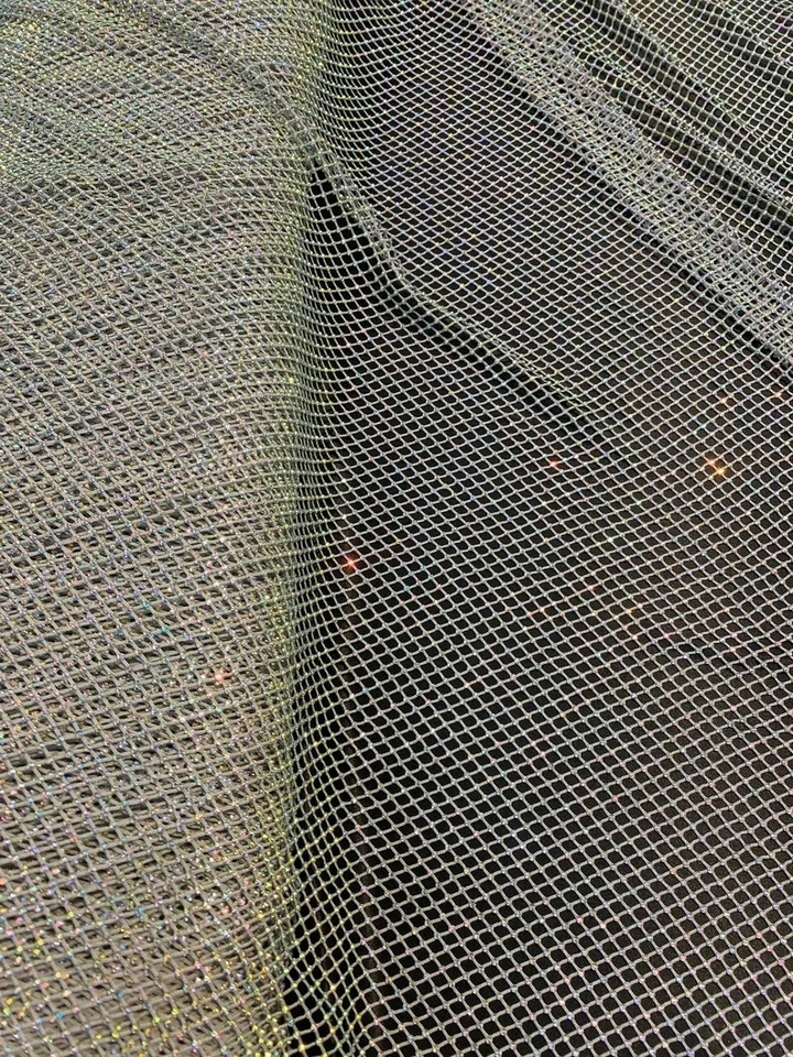 Rhinestone on ivory Mesh Shiny Stretch Crystal Fabric Rainbow Rhinestone Stretch - Image 1 of 1