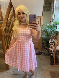 Pink plaid doll Margot mid pink dress cosplay costume Halloween Full Set Cosplay - Picture 1 of 8