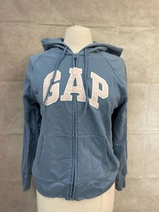Gap Hoodie Womens Blue Fleece Lined Arch Logo Kangaroo Pocket Full Zip Size M - Picture 1 of 6