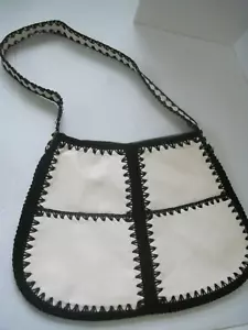 Vintage Italian Leather Purse Beige Black 1960s Shoulder Bag Hobo Style Rare New - Picture 1 of 12