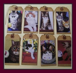 BEAUTIFUL CATS - PRIMITIVE HANG TAGS - SET OF EIGHT POSING HAPPY CATS - Picture 1 of 7