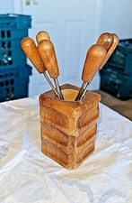 VINTAGE WOODEN COCKTAIL FORK SET & HOLDER VGC