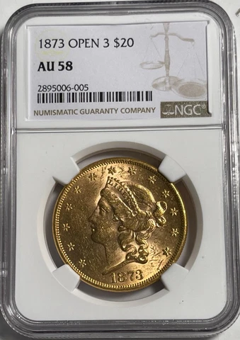 1873 $20 Gold AU58 (#15696) Flashy fully lustrous coin. Do not see wear. Better Cover