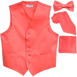 Nuevo Chaleco Esmoquin Sólido para Hombre Chaleco y Corbata y Moño y Hankie Coral Boda - Imagen 1 de 5
