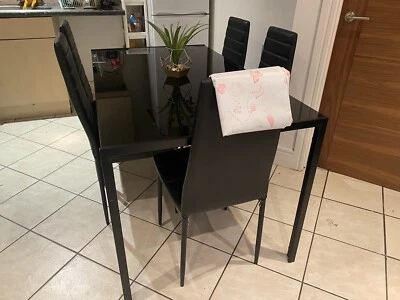 Black dining table set and 6 black chairs Marble Effect glass kitchen set of 6  - Image 1 of 4