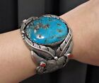 Native American Hand Made Design Sand Cast Sterling Silver Turquoise Coral Cuff