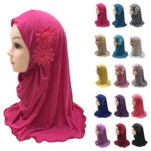 Kids Girls Hijab Scarf with Flowers Muslim Kids Turban for 2-7 Years Old Girls - Picture 1 of 24