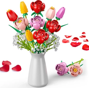 Flowers Bouquet Building Set, 680Pcs Tulip & Rose Bouquet Building Blocks, Home - Picture 1 of 12