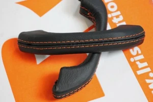 Black Leather Door Grab/Pull Handles Orange stitch Fit Land Rover Defender 90... - Picture 1 of 7
