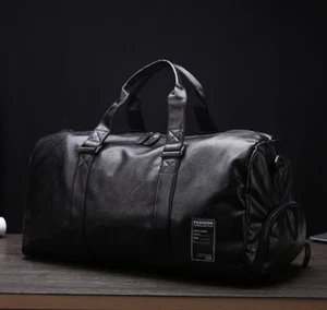 Neu Herren schwarz groß PU Leder Reise Fitnesstasche Wochenende Nacht Seesack Handtasche - Bild 1 von 12