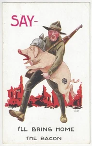 Propaganda de la Primera Guerra Mundial 1917 - Soldado militar estadounidense lleva cerdo con Helmut, cruz alemana - Imagen 1 de 2