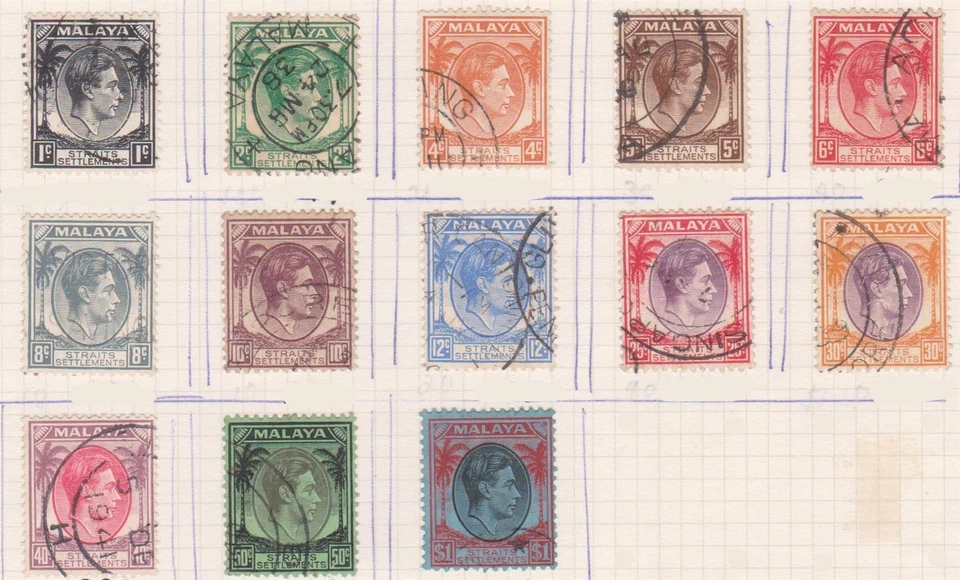 (F343-31) 1937-41 Asentamientos del Estrecho 13 sellos KGVI DI DI 1c a $1 (BX17 Foto 1 de 1