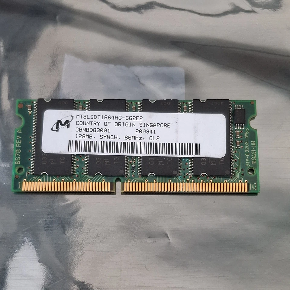 Micron 128MB PC66 CL2 66MHz 144-PIN SDRam SODIMM Memory, MT8LSDT1664HG-662E2 - Image 1 of 2