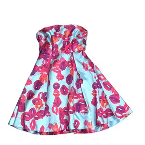 Monique Lhuiller trägerloses Pucker-Up Kleid Größe 12 blau mehrfarbig Cocktail - Bild 1 von 12