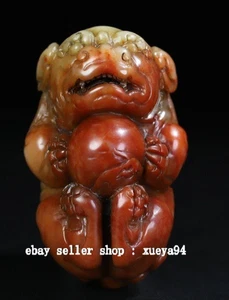 3.3" Old Dynasty Natural Shoushan Stone Fengshui Foo Fu Dog Guardion Lion Statue - Picture 1 of 9