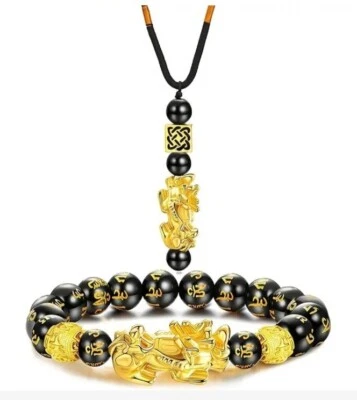 Juego de Pulsera y Collar Pi Xiu - Feng Shui Obsidiana Negra Atraer Riqueza 967 Foto 1 de 4