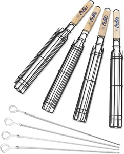 (4 Pack) Shish Kabob Grilling Basket + Flat Metal Skewers, Outdoor Camp Grilling - Picture 1 of 9