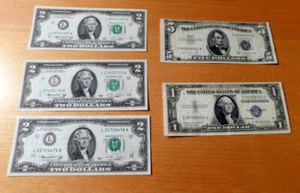 1976 $2 (TWO DOLLARS) L NOTE , 1935 G $1 Dollar Bill, 5 Dollar bill 1953 B Lot - Picture 1 of 23