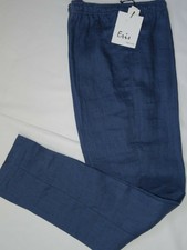 pantalone donna lino VITA ALTA elastico in vita con lacci TG.41/46 blu indaco