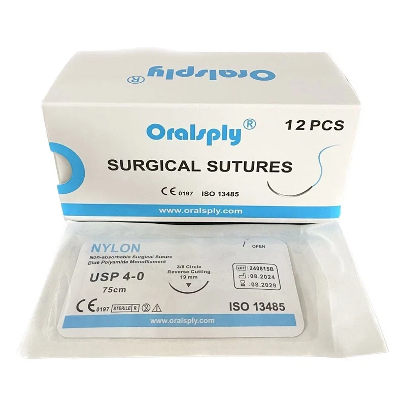 ORALSPLY 4-0/5-0 NYLON 75cm Blue Monofilament Dental Surgical Sutures 3/8 Needled 12/Box