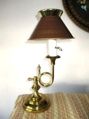 Vintage Mid Century Modern Brass Bugle Tole Shade Music Room Desk Student Lamp - Image 1 of 4