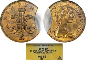1978 G BRIT 2P ANACS MS63RB CLIPPED PLANCHET ~ MAJOR MINT ERROR! - Picture 1 of 5