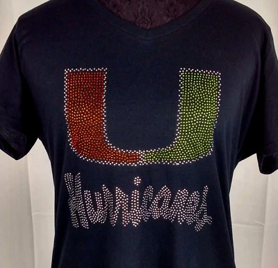 Women's Miami Hurricanes Rhinestone Football V-neck T-Shirt Tee Bling Lady  - Image 1 of 4