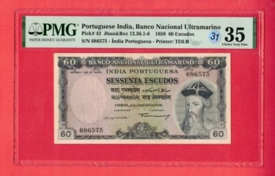 PORTUGUESE INDIA 60 ESCUDOS P# 42 1959 Rare UNC PMG 35 Choice Very Fine Lt 31 - Image 1 of 2