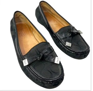 Coach Womens Frida Shoes 5 1/2 Black Silver Monogram Logo Loafers Flats Bow - Picture 1 of 13
