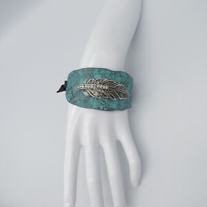 Boho Feather Bracelet Adjustable Size Blue Turquoise Metal Abalone Chip Inlay