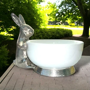 White Porcelain Bowl w/ Metal Bunny Rabbit & Base Easter Spring Eggs - Picture 1 of 6