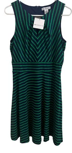 Liz Claiborne Fit & Flare Dress Size 10 Green Navy Blue Striped Sleeveless NWT - Picture 1 of 6