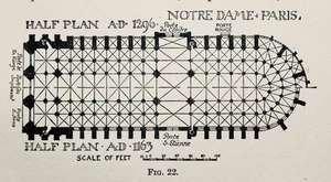 c1925 French Gothic Architecture Plan PARIS - NOTRE DAME Half Plan A.D.1296 - Picture 1 of 2
