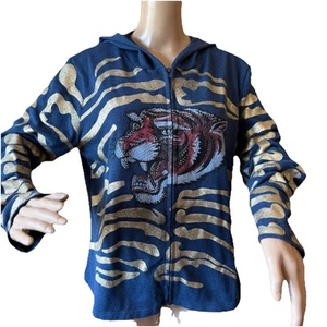 Vintage Y2K Peer Tee Zip Hoodie Perlen 2X passt 1X Tiger Grafik blau Strass - Bild 1 von 14