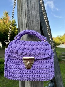 Handcrafted Purple Crochet Bag Women's Crossbody Shoulder Purse Knitted Handbag - Picture 1 of 10