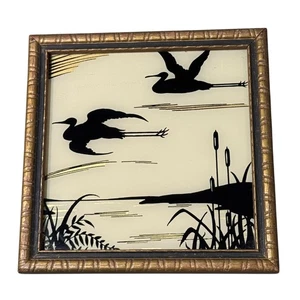 Quadro vintage sagoma vetro rovesciato aironi palude accenti oro arte affidamento - Foto 1 di 4