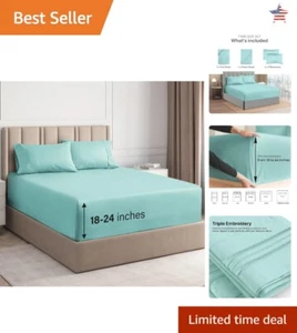 Breathable & Cooling Extra Deep Twin Sheet Set - Wrinkle Free & Comfy - Spa Blue - Picture 1 of 11