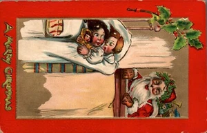 POSTCARD TUCK CRIMSON & GOLD SEIRES MERRY CHRISTMAS SANTA AT WINDOW - Picture 1 of 2