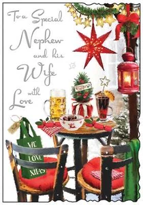 Tarjeta de Navidad Jonny Javelin sobrino y esposa - mesa vino caliente y cerveza 9 x 6,25" - Imagen 1 de 1