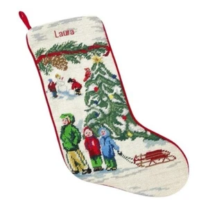 Vintage L.L. Bean Needlepoint Christmas Stocking with Laura Name Embroidered - Picture 1 of 5