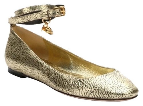 Ballerina scarpe piatte Alexander McQueen metallo oro pelle cinturino alla caviglia $735