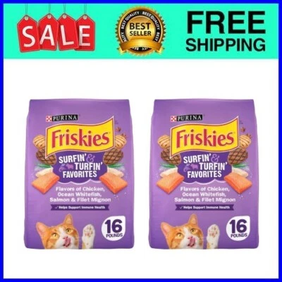 Friskies Dry Cat Food, Surfin' & Turfin' Favorites, 16 lb. 2 Pack