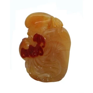 Yellow Jade Pendant Hand Carved Goddess Of Longevity With Peach & Lucky Bat n458 - Picture 1 of 5
