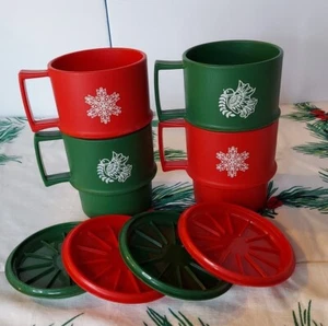 Tupperware Red Green Christmas Stacking Cups Mugs Lids Coasters Set Of 4 Vintage - Bild 1 von 9